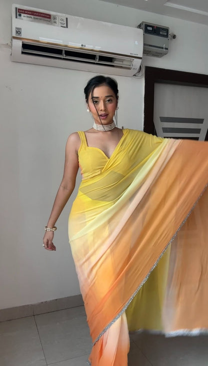 Yellow Ready to Wear Georgette Saree With Unstitched Blouse Piece