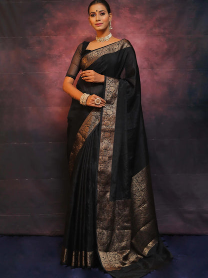 Black Kanjivaram Pure Soft Semi Silk Saree With Unstiched Attractive Blouse Piece