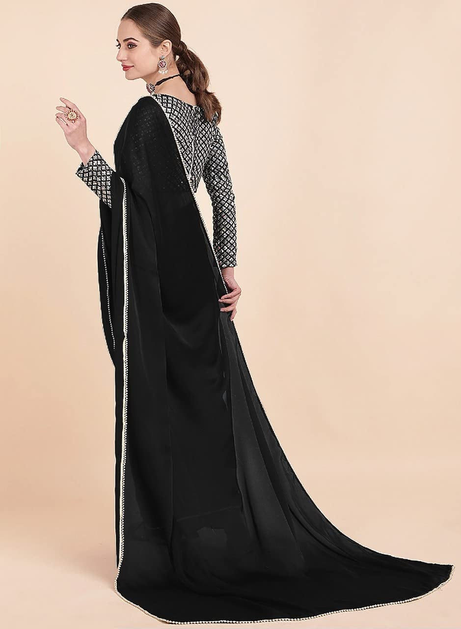 Black Womens Satin Collection Saree With Blouse Piece