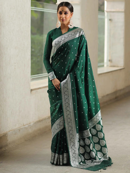 Green Banarasi Pure Soft Semi Silk Saree With Unstiched Attractive Blouse Piece