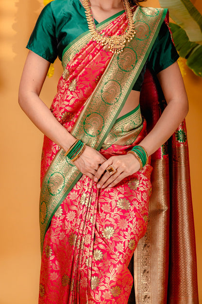 P.Green-Red Pure Soft Silk Saree With Engrossing Blouse Piece