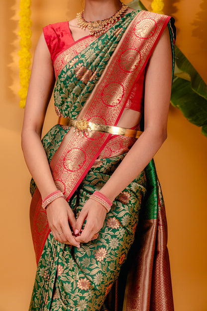 Red-B.Green Pure Soft Silk Saree With Engrossing Blouse Piece