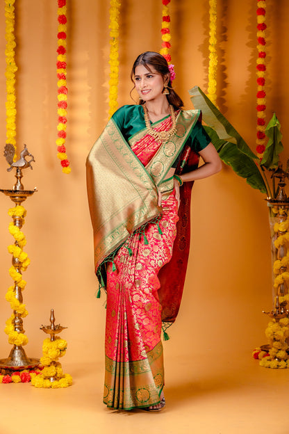 P.Green-Red Pure Soft Silk Saree With Engrossing Blouse Piece