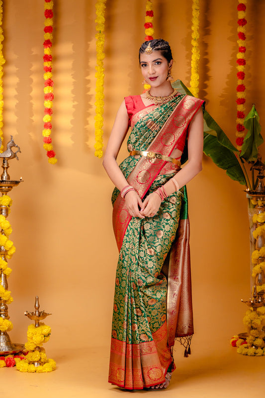 Red-B.Green Pure Soft Silk Saree With Engrossing Blouse Piece