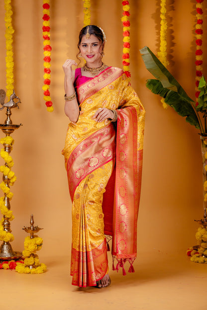 Gajari-GoldPure Soft Silk Saree With Engrossing Blouse Piece