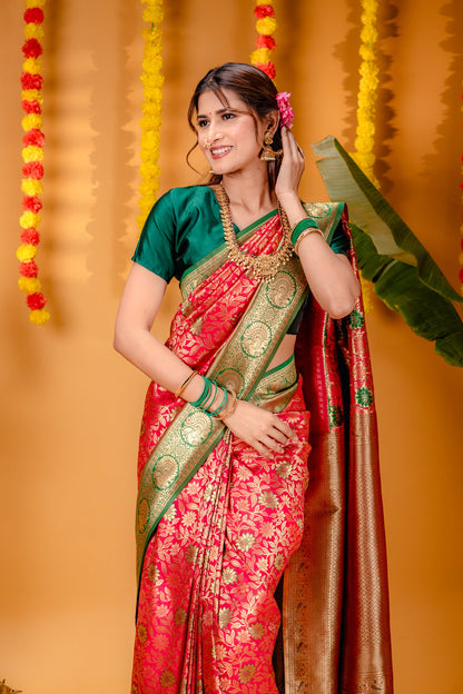 P.Green-Red Pure Soft Silk Saree With Engrossing Blouse Piece