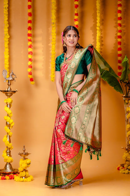 P.Green-Red Pure Soft Silk Saree With Engrossing Blouse Piece