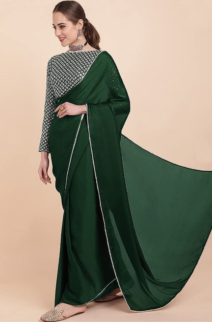 Green Womens Satin Collection Saree With Blouse Piece