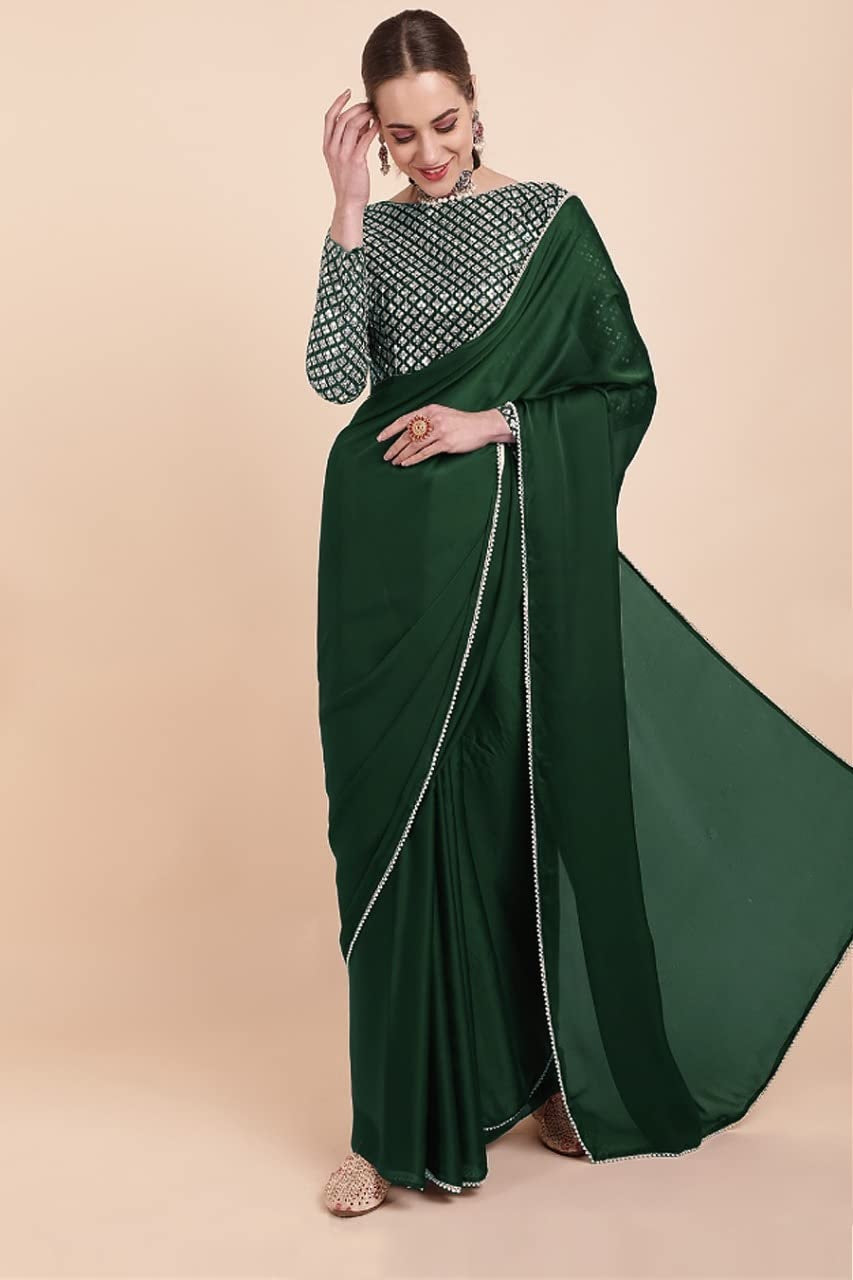 Green Womens Satin Collection Saree With Blouse Piece