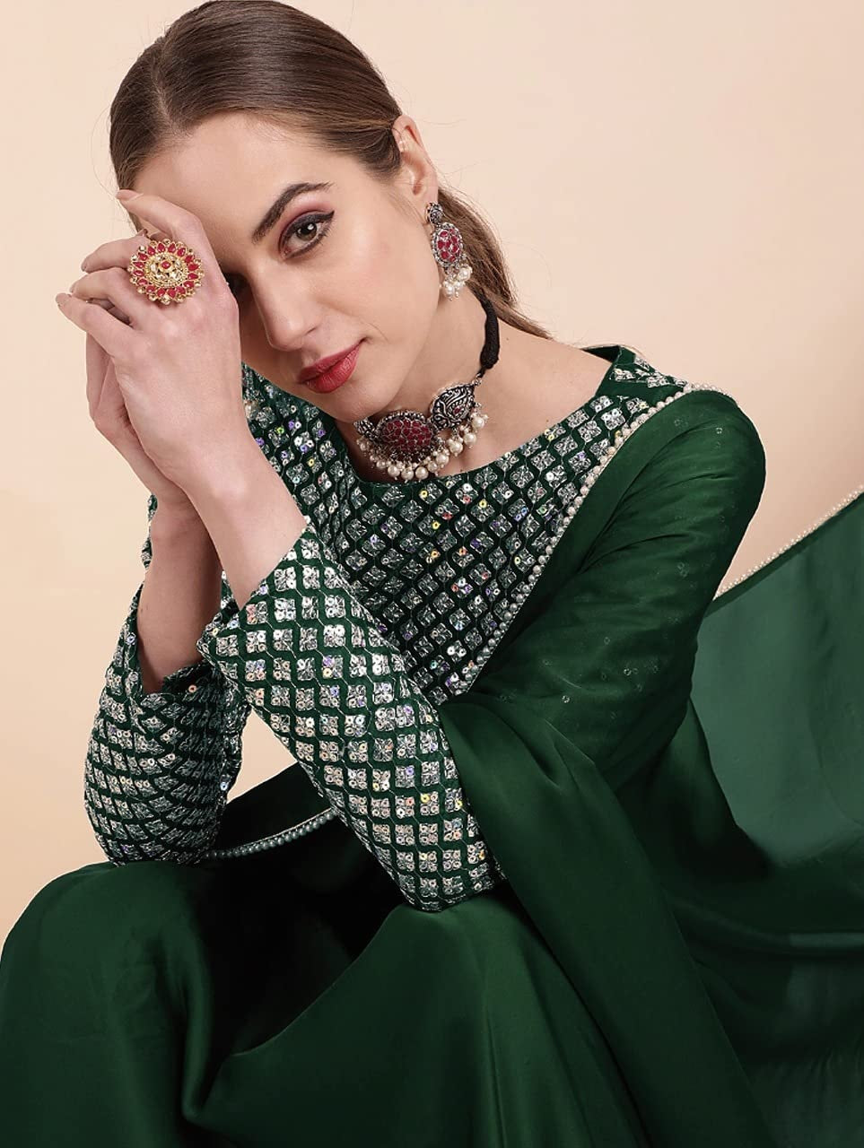 Green Womens Satin Collection Saree With Blouse Piece