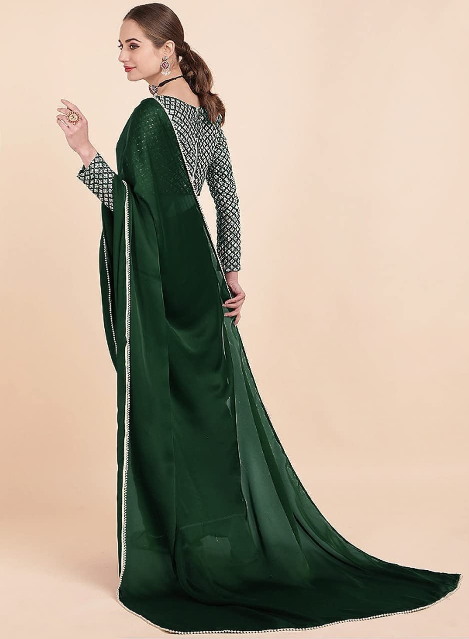 Green Womens Satin Collection Saree With Blouse Piece