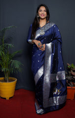 Navy Blue Kanjivaram Pure Soft Semi Silk Saree With Unstiched Attractive Blouse Piece