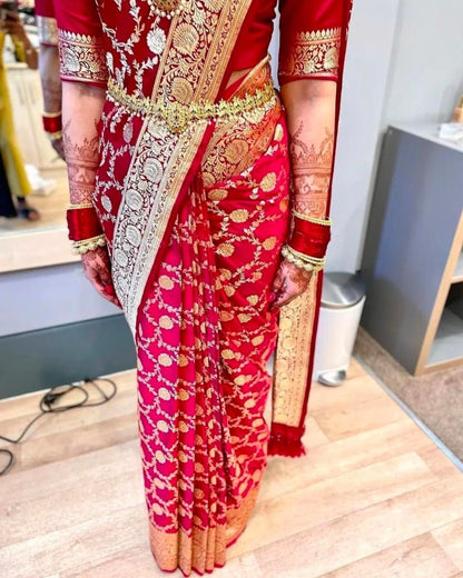 Red Banarasi Pure Soft Semi Silk Saree With Unstiched Attractive Blouse Piece