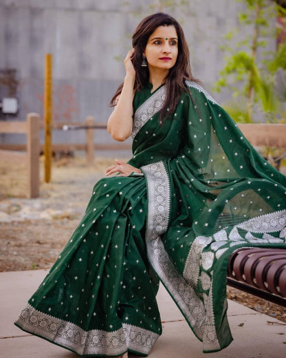 Green Banarasi Pure Soft Semi Silk Saree With Unstiched Attractive Blouse Piece