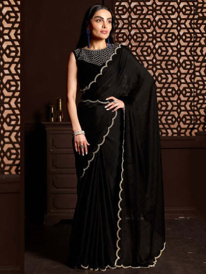 Black Womens Georgette  Collection Saree With Blouse Piece