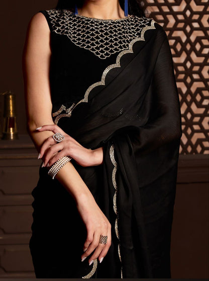 Black Womens Georgette  Collection Saree With Blouse Piece