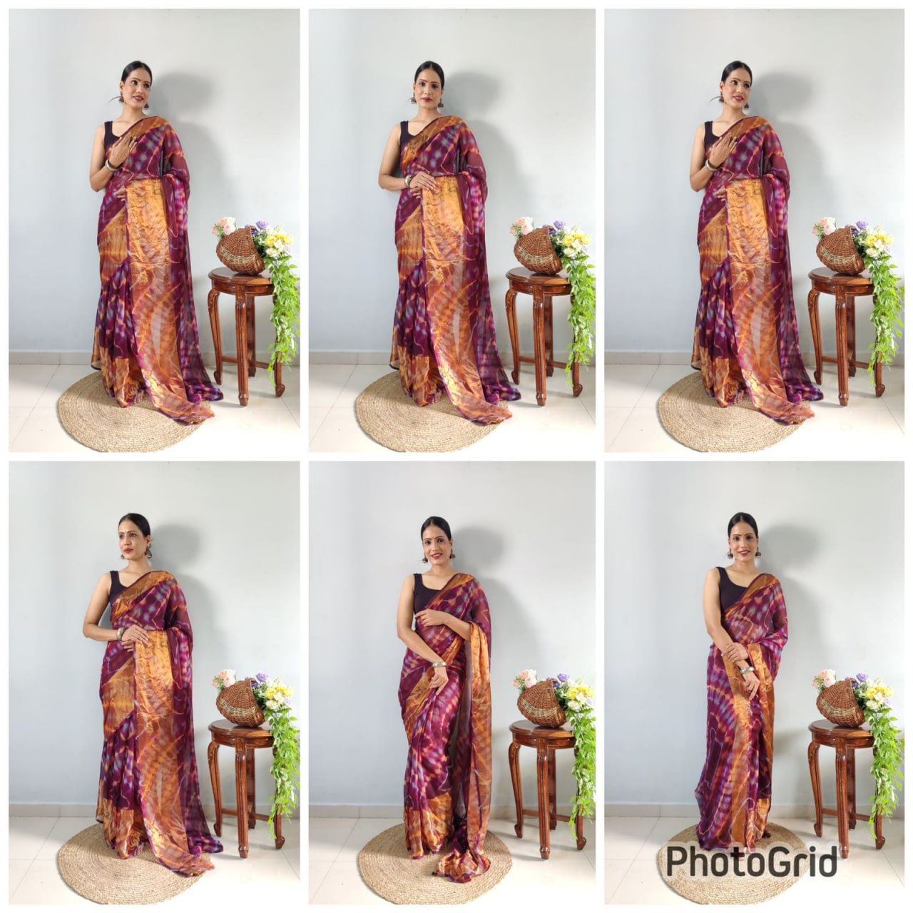 Wine Ready to Wear Chiffon Saree With Unstitched Blouse Piece