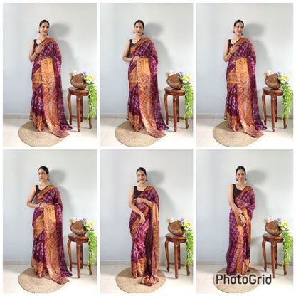 Wine Ready to Wear Chiffon Saree With Unstitched Blouse Piece