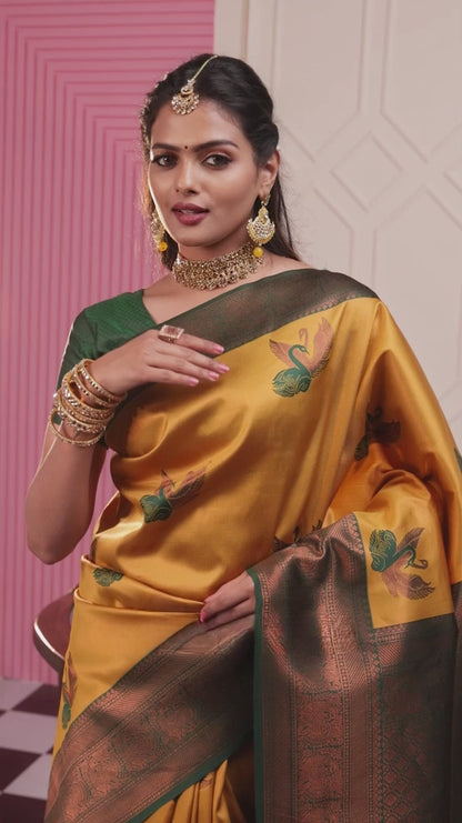 B.Green-Gold Pure Soft Silk Saree With Engrossing Blouse Piece