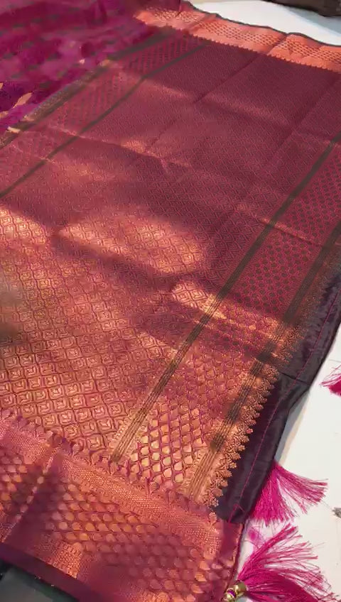 Wine Kanjivaram Pure Soft Semi Silk Saree With Unstiched Attractive Blouse Piece