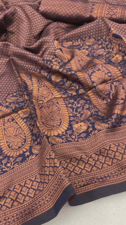 Blue Copper Pure Soft Silk Saree Weaved With Zari Comes With Tempting Heavy Brocade Blouse Piece