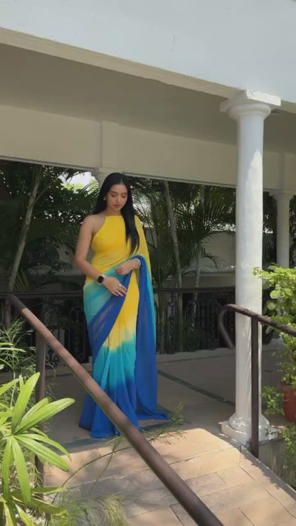 Blue Yellow Ready to Wear Georgette Saree With Unstitched Blouse Piece