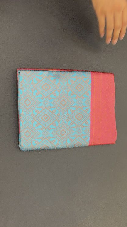 Sky & Pink Kanjivaram Pure Soft Semi Silk Saree With Unstiched Attractive Blouse Piece