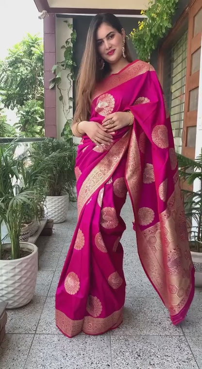 Pink Banarasi Pure Soft Semi Silk Saree With Unstiched Attractive Blouse Piece