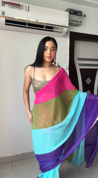 Rainbow Ready to Wear Georgette Saree With Unstitched Blouse Piece