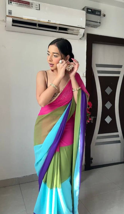 Rainbow Ready to Wear Georgette Saree With Unstitched Blouse Piece