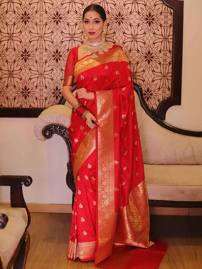 Red Kanjivaram Pure Soft Semi Silk Saree With Unstiched Attractive Blouse Piece