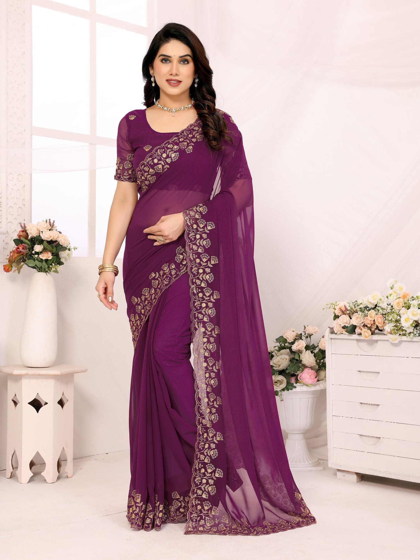 Wine georgette Embroidery Work Saree With Unstiched Attractive Blouse Piece