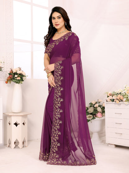 Wine georgette Embroidery Work Saree With Unstiched Attractive Blouse Piece