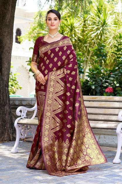 Wine Pure Soft Silk Saree With Engrossing Blouse Piece