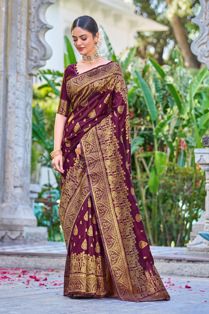 Wine Pure Soft Silk Saree With Engrossing Blouse Piece