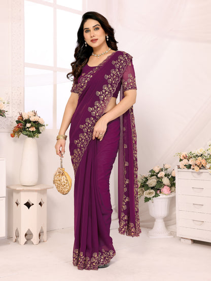 Wine georgette Embroidery Work Saree With Unstiched Attractive Blouse Piece