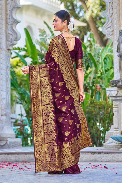 Wine Pure Soft Silk Saree With Engrossing Blouse Piece