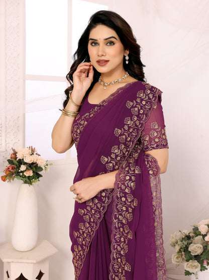 Wine georgette Embroidery Work Saree With Unstiched Attractive Blouse Piece