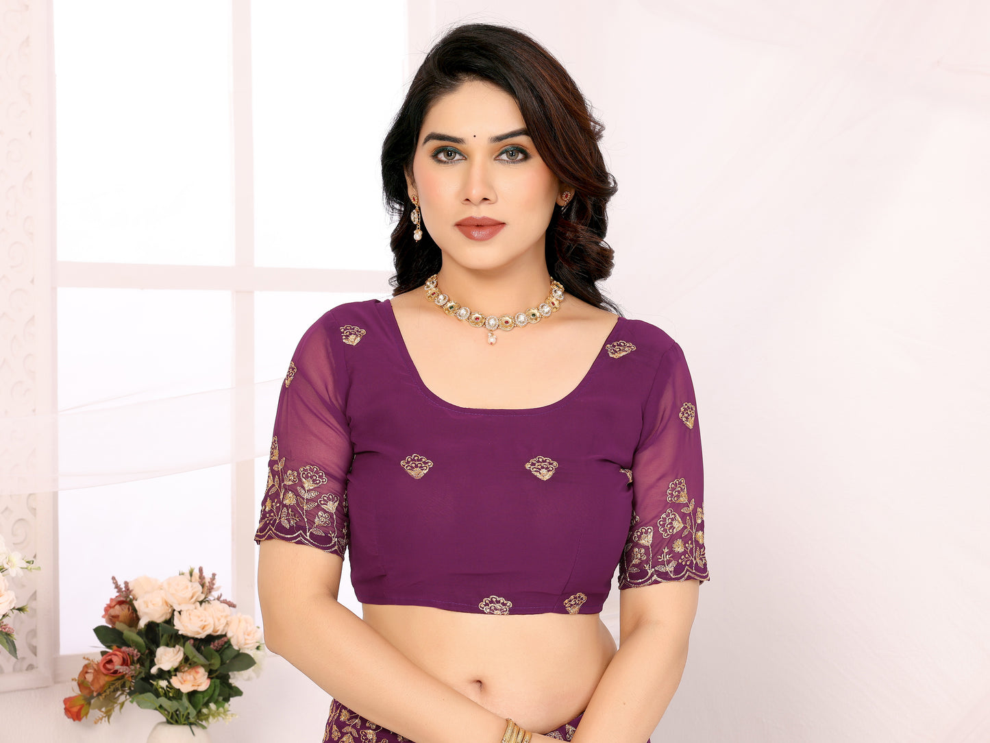 Wine georgette Embroidery Work Saree With Unstiched Attractive Blouse Piece