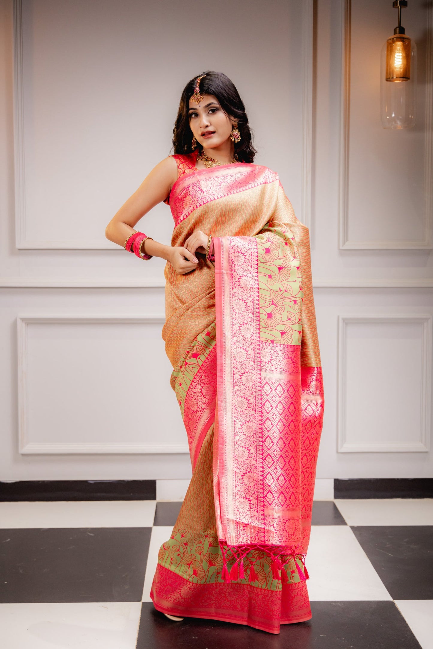 Yellow Pink Pure Soft Silk Saree With Engrossing Blouse Piece (Copy)