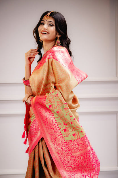 Yellow Pink Pure Soft Silk Saree With Engrossing Blouse Piece (Copy)