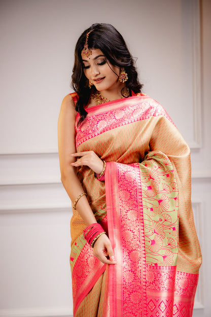 Yellow Pink Pure Soft Silk Saree With Engrossing Blouse Piece (Copy)