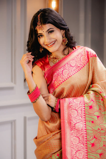 Yellow Pink Pure Soft Silk Saree With Engrossing Blouse Piece (Copy)