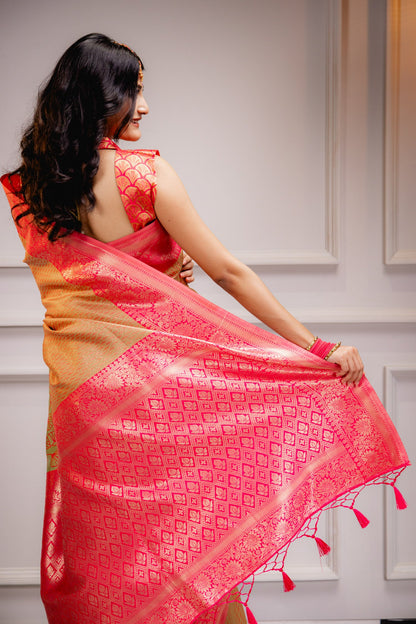 Yellow Pink Pure Soft Silk Saree With Engrossing Blouse Piece (Copy)