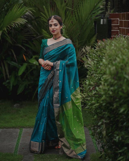 Teal Blue Pure Soft Semi-Silk Saree Stylish Blouse Piece