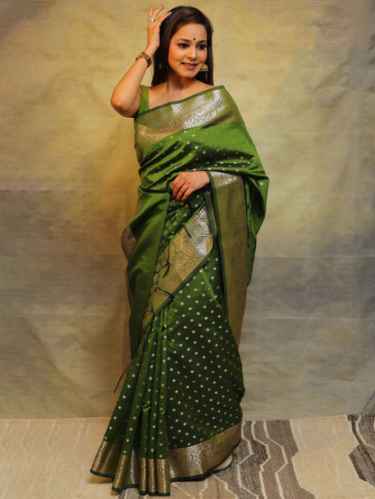 Mehendi Pure Soft Semi Silk Saree With Attractive Blouse Piece