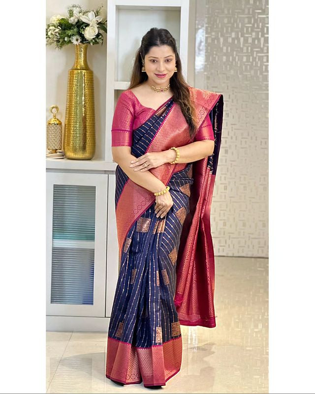 Navy Blue & Magenta Combination Pure Soft Semi Silk Saree With Attractive Blouse Piece