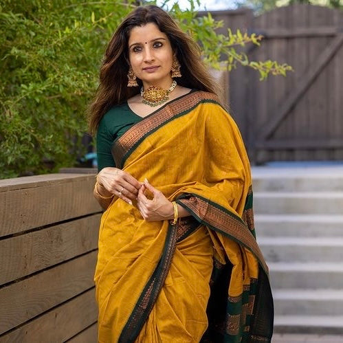 Mustard & Dark Green Combination Pure Soft Semi Silk Saree With Attractive Blouse Piece