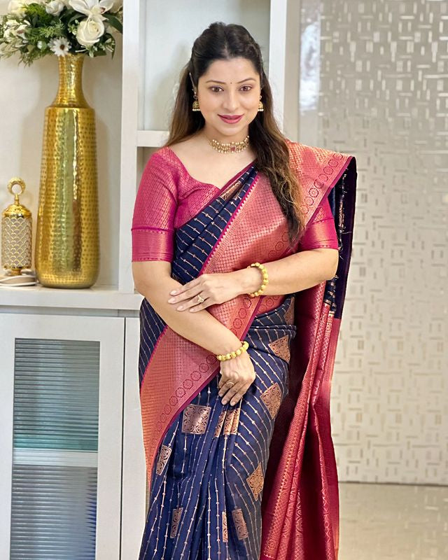 Navy Blue & Magenta Combination Pure Soft Semi Silk Saree With Attractive Blouse Piece