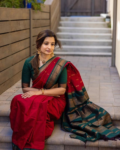 Red With Dark Green Combination Pure Soft Semi Silk Saree With Attractive Blouse Piece